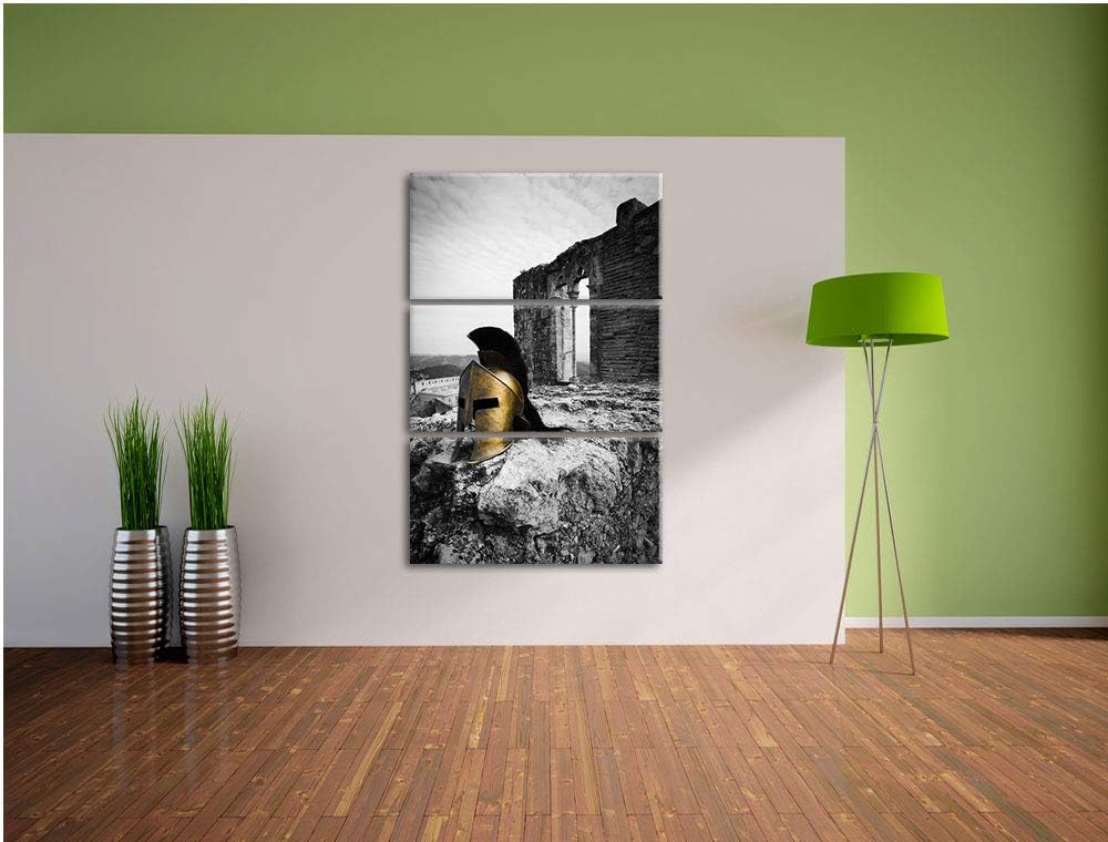 alter Helm einer Rüstung vor Ruine schwarz/weiss 3-Teiler Leinwandbild 120x80 Bild auf Leinwand, XXL