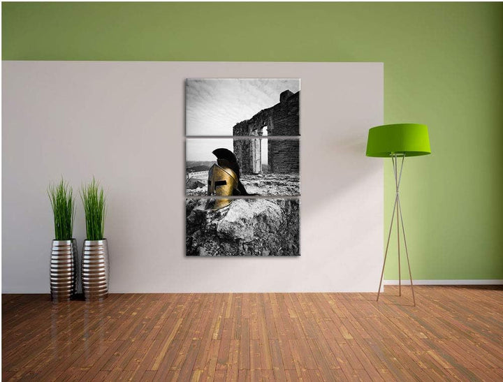 alter Helm einer Rüstung vor Ruine schwarz/weiss 3-Teiler Leinwandbild 120x80 Bild auf Leinwand, XXL