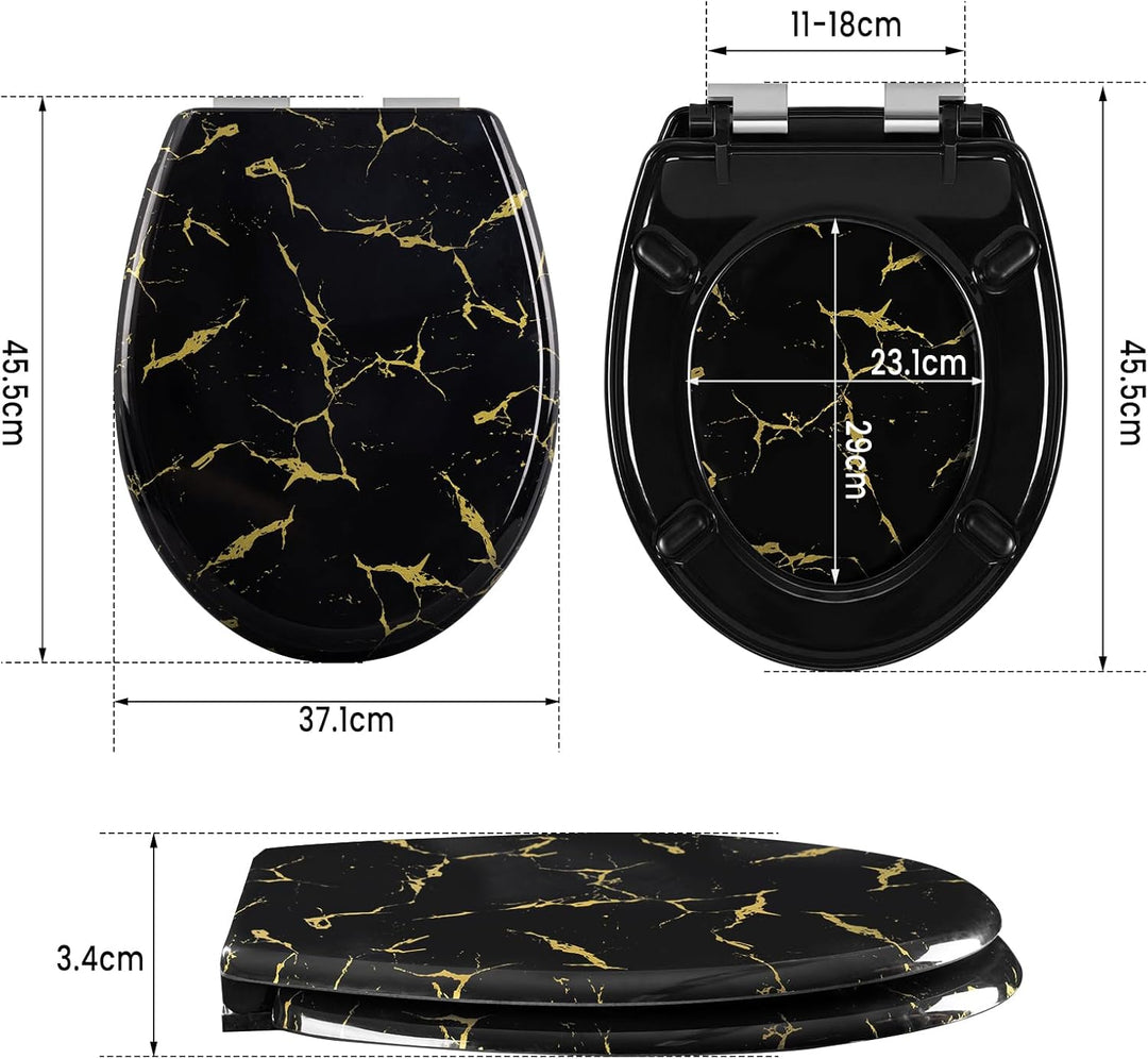 WOLTU Toilettendeckel mit Absenkautomatik, schwarzer WC Sitz mit goldenem Glitzer, Toilettensitz aus