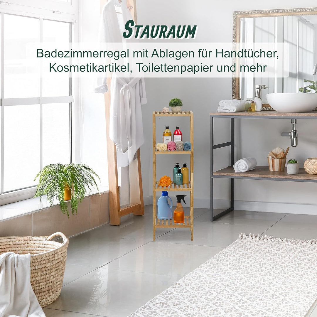 Relaxdays Badregal Walnuss, HBT 113x35,5x35,5 cm, 4 Ablagen, quadratisch, Standregal Küche, Badezimm