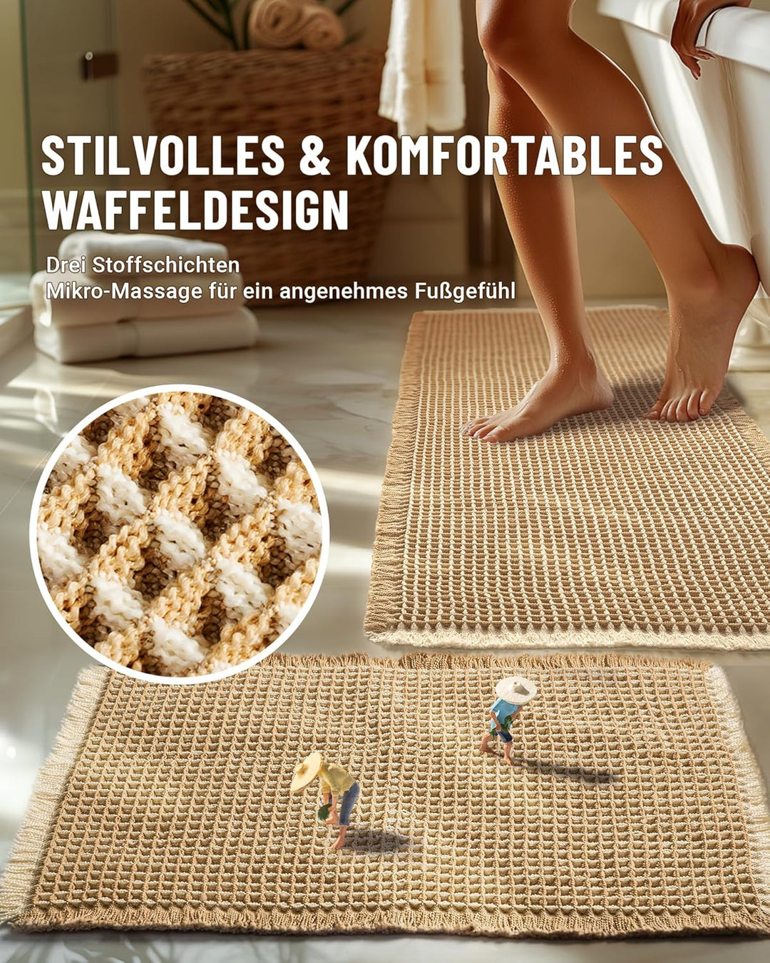 Grosser Badteppich Set, rutschfeste Badematte, Badezimmerteppich Set 2 Teilig, Boho Badezimmermatte,
