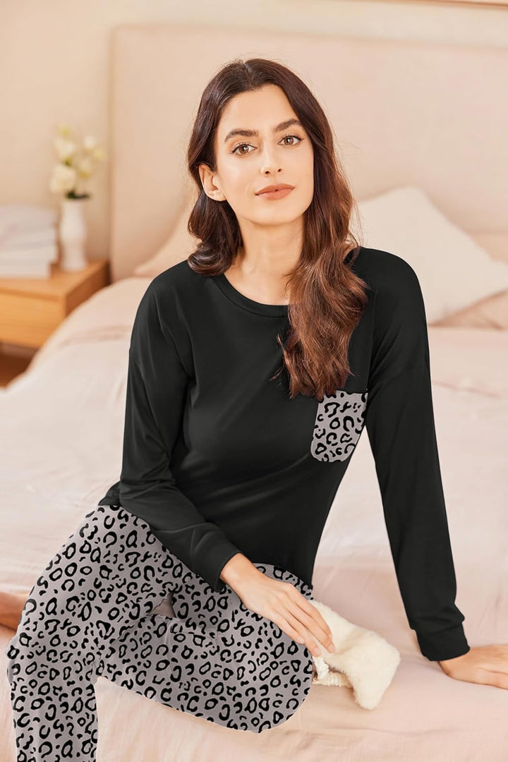 Ekouaer Schlafanzug Damen Lang Zweiteiler Pyjama Langarm Warm Pyjama Set Weich Nachtwäsche Kariert,