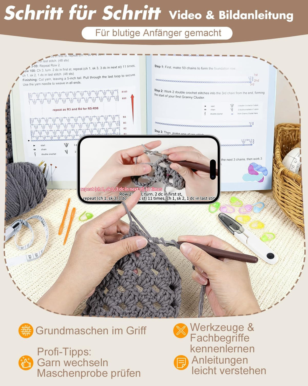 Arborthread Häkel-Set für Anfänger, Tuch mit Taschen, Grau, GRAU