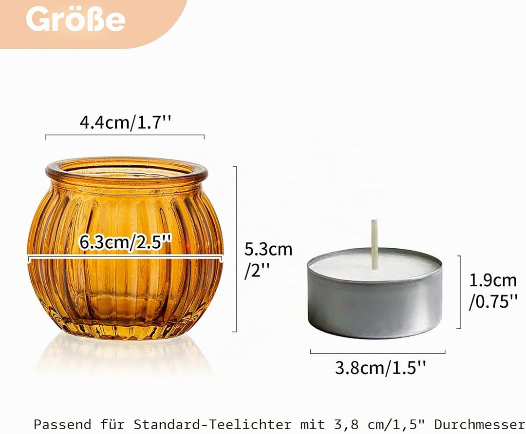 NUPTIO Teelichthalter Teelichtgläser Kürbis Glas - 24 Stück Bernstein Votivkerzenhalter Weihnachten