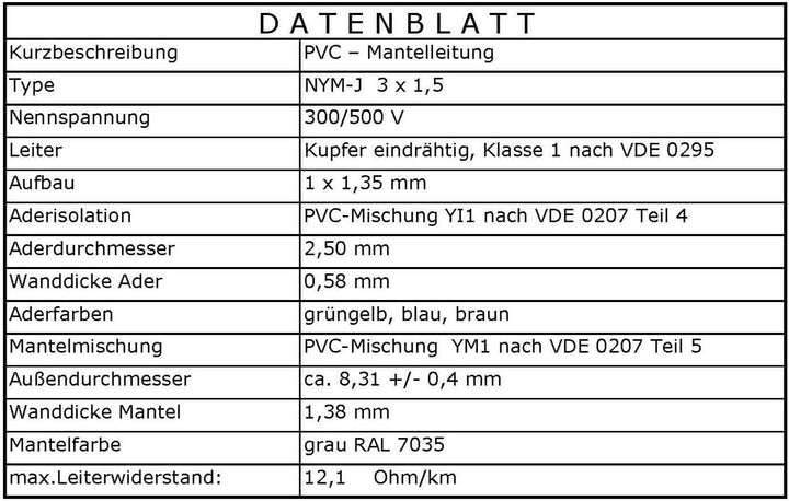 M&amp;G Techno 100m NYM-J 3x1,5 mm² Mantelleitung Feuchtraumkabel Elektrokabel Kupfer Made in Germany NY