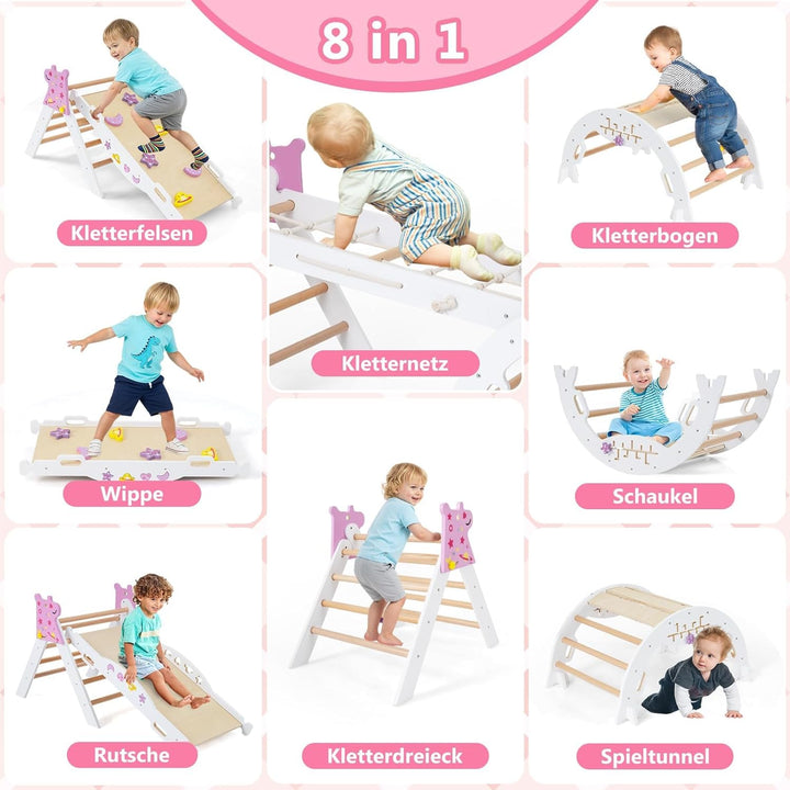 FANTASK 7 in 1 Klettergerüst Indoor, Kletterdreieck 4er Set mit Rutsche, Kletterbogen, Netz, inkl. d