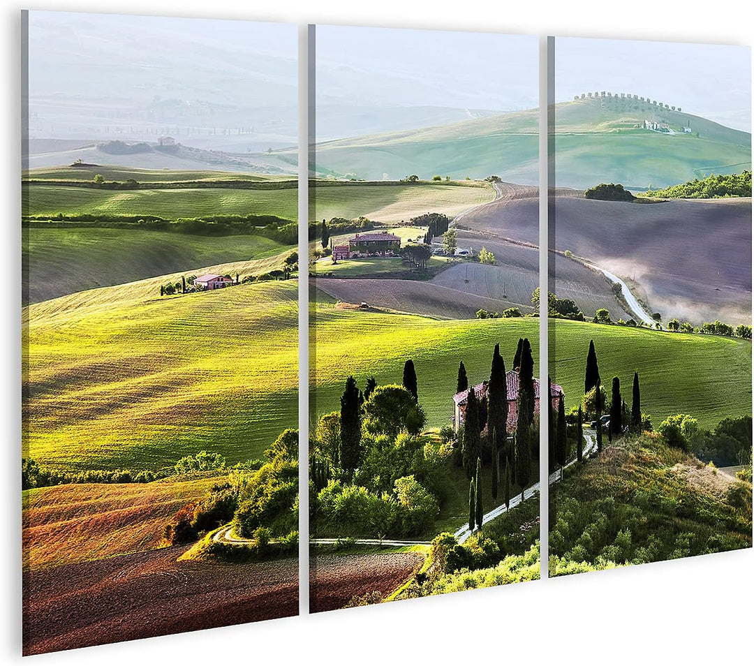 islandburner Bild auf Leinwand Toskana Landschaft Sonnenaufgang Bauernhaus Weinberg Bilder Wandbilde