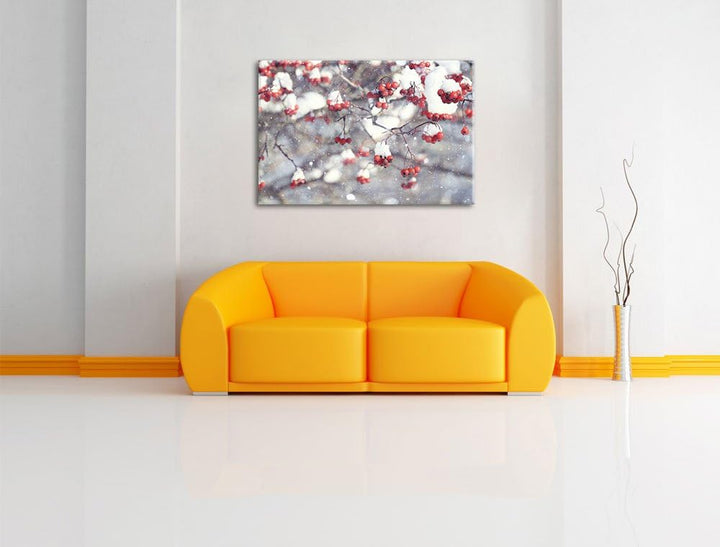 Pixxprint Vogelbeeren mit Schnee bedeckt, Format: 100x70 auf Leinwand, 100x70