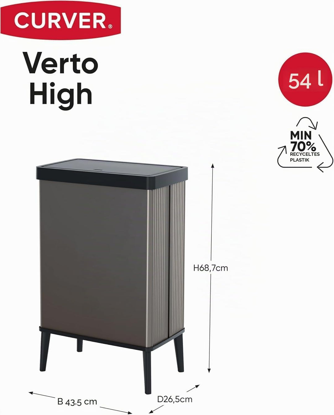 Curver Verto High 54L Mülleimer mit Push Deckel, optimal für Küche, einfache Sortierung, schlankes D