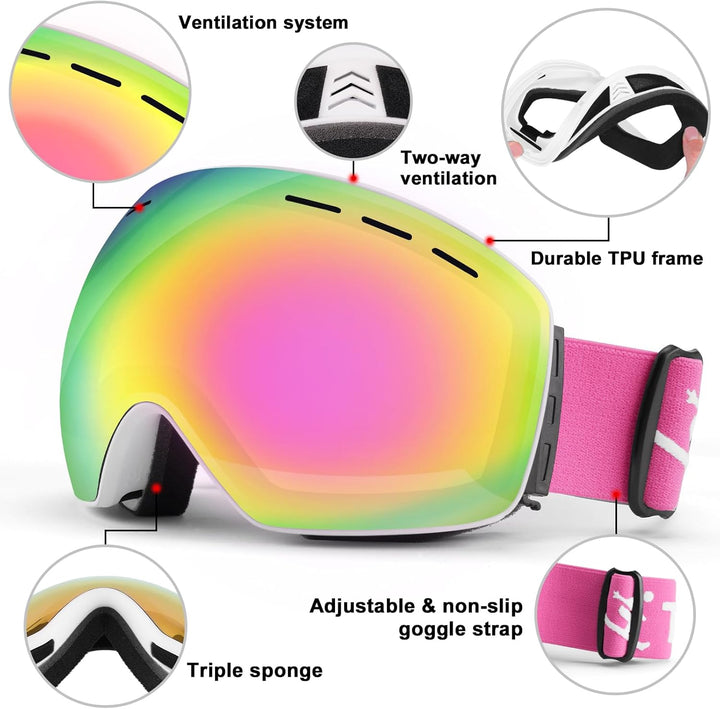 Trusiel Skibrille, Skibrille Damen Herren Anti-Fog Ski brille OTG, Skibrille für Brillenträger, 400