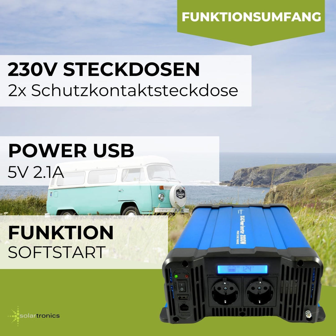 solartronics Spannungswandler FS2000D 12V 2000/4000 Watt Reiner Sinus BLAU m. Display FS Serie LiFeP