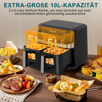 Heissluftfritteuse 2 Kammern mit Sichtfenster, 10L XXL Kapazität Doppel-Airfryer, 8-in-1 Kochvorgabe