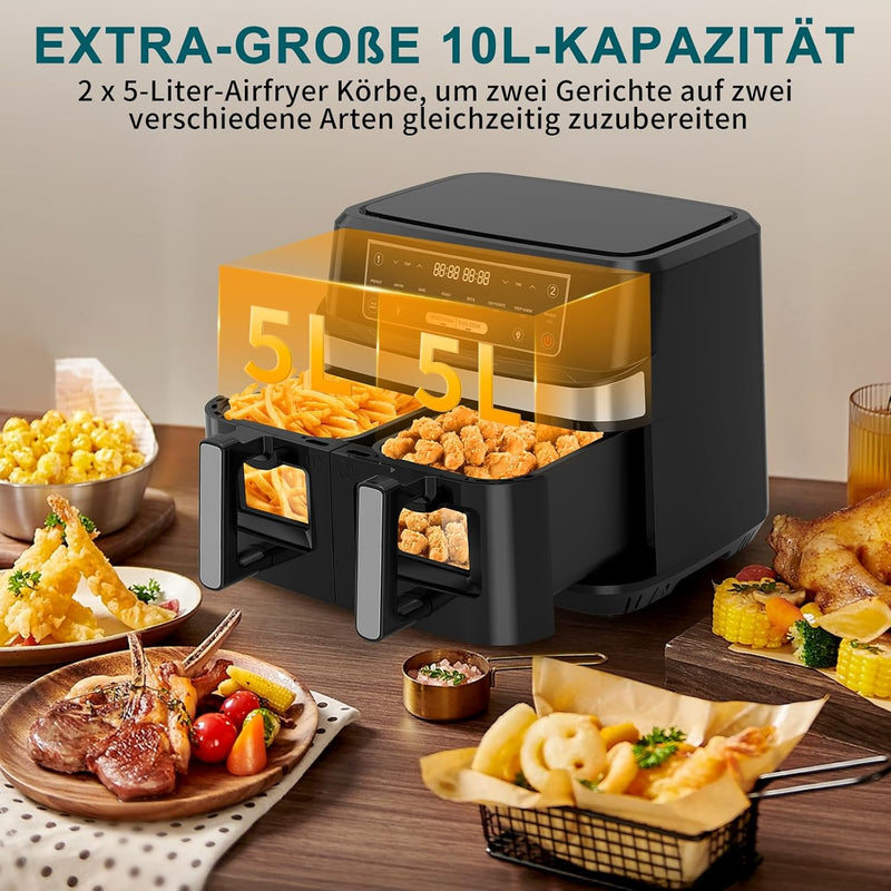Heissluftfritteuse 2 Kammern mit Sichtfenster, 10L XXL Kapazität Doppel-Airfryer, 8-in-1 Kochvorgabe