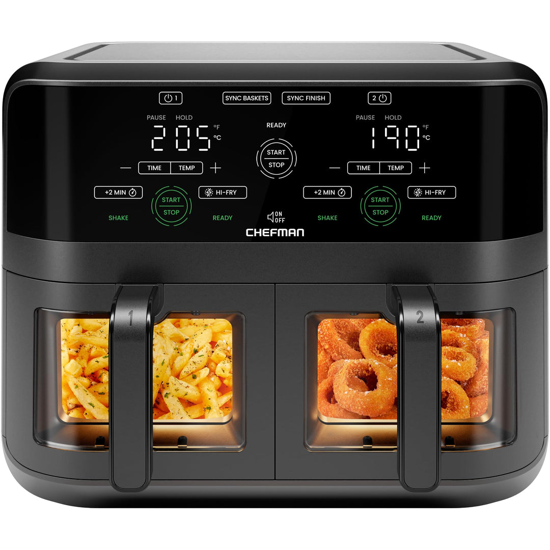 CHEFMAN 5,6 Liter Doppelkorb- Heissluftfritteuse mit Easy-View-Fenster, Sync-Finish, Hi-Fry, automat