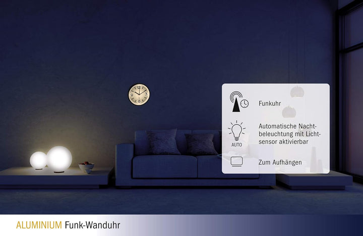 TFA Dostmann Analoge Funk-Wanduhr, 60.3535, mit Nachtbeleuchtung, leises Uhrwerk mit Sekundenzeiger,