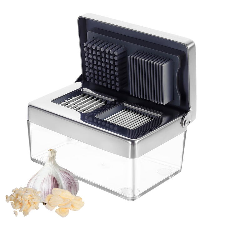 Knoblauchpresse Edelstahl 2-in-1 – Knoblauchschneider &amp; Knoblauch Zerkleinerer mit Auffangbehälter,