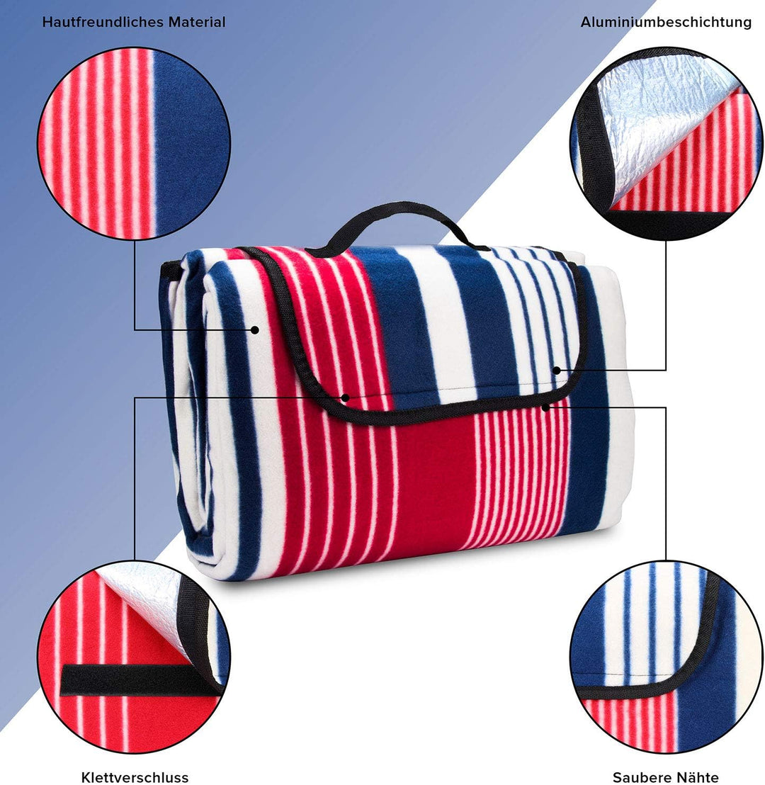 Urhome Picknickdecke 200 x 200 cm in Rot/Blau | Wärmeisoliert und wasserdicht | Fleece und praktisch