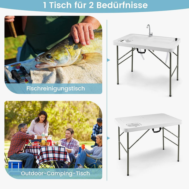 GYMAX Campingtisch mit 2 Spülen & Wasserhahn & Abfallkorb Filetiertisch Klappbar mit Messskala Garte