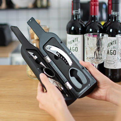 Grinscard Weinöffner Set 5 TLG. - Weinflaschen Design, Schwarz - Wein Zubehör mit Folienschneider |