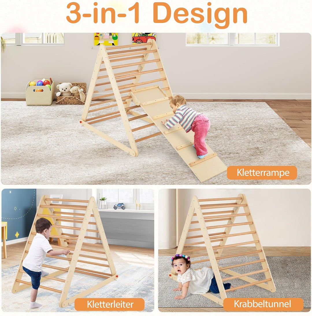 COSTWAY Kletterdreieck klappbar, Klettergerüst mit Leiter aus Holz, Sprossendreieck zur Entwicklung