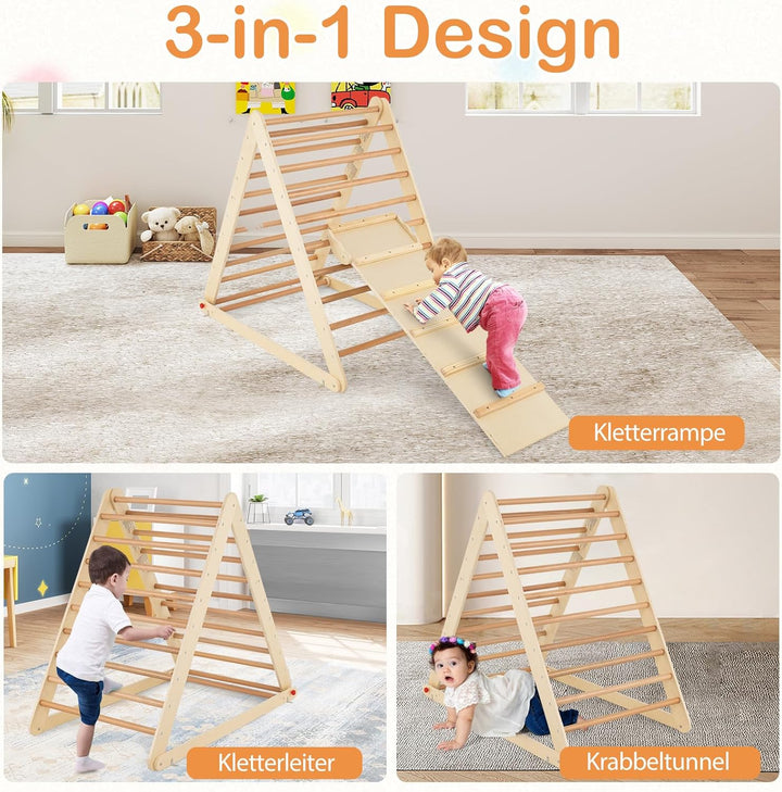 COSTWAY Kletterdreieck klappbar, Klettergerüst mit Leiter aus Holz, Sprossendreieck zur Entwicklung