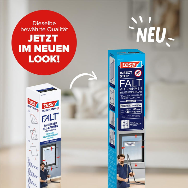 tesa Insect Stop FALT Fenster - Faltbarer Alu-Rahmen - Fliegengitter mit verstellbarem Teleskoprahme