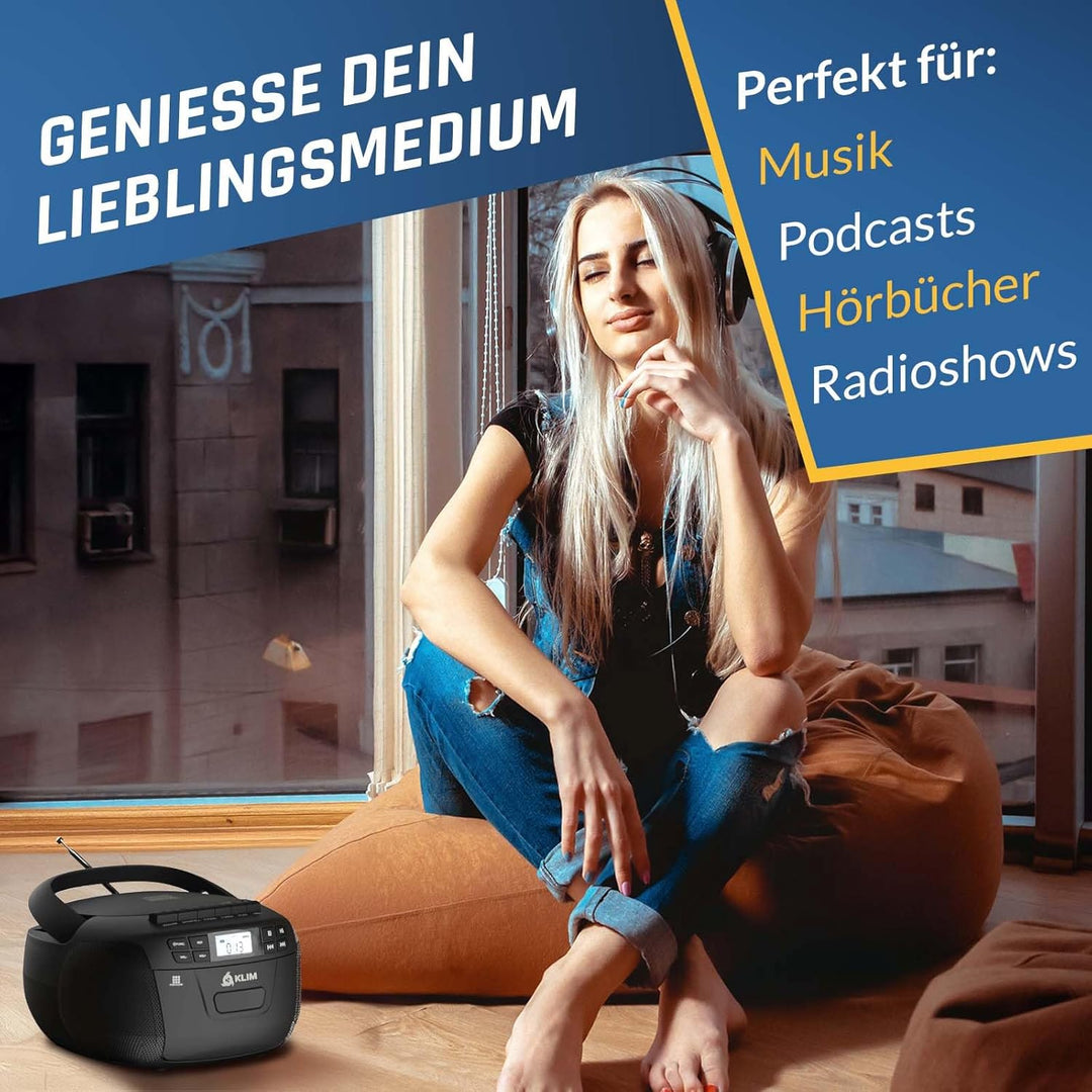 KLIM CD Player mit Kassette mit USB, Kassettenspieler, Kassettenrekorder, Radio mit CD und Kassette,