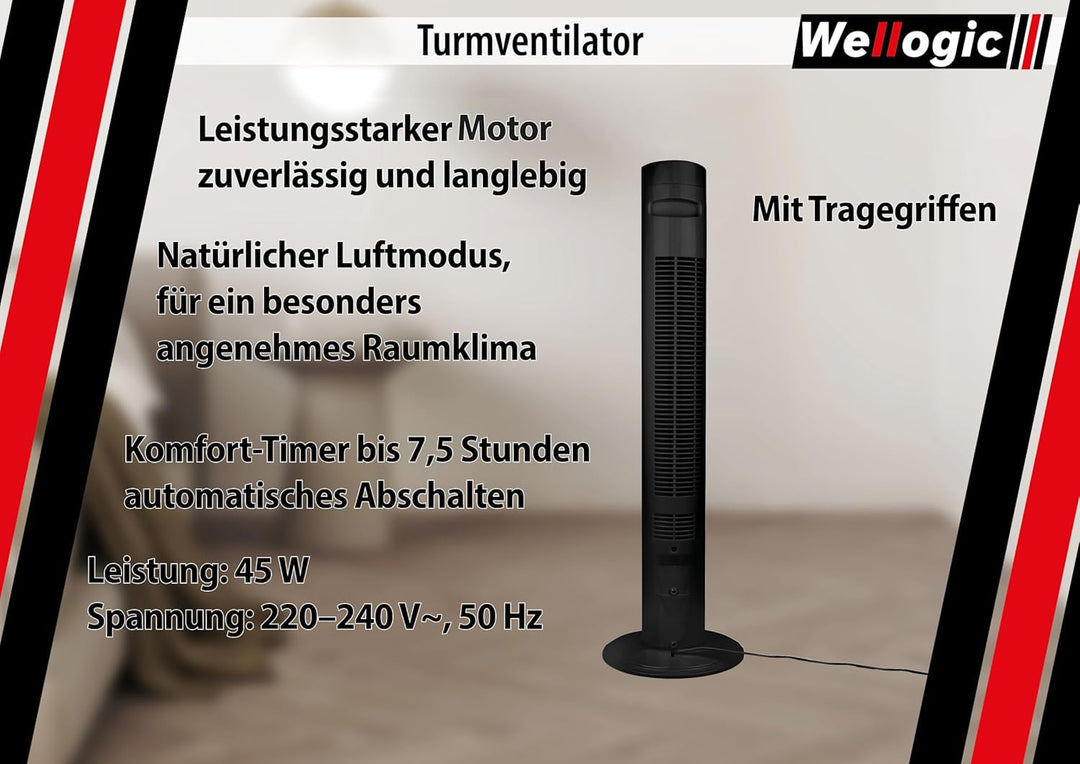 Turmventilator leise 91 cm Schwarz – Standventilator mit Fernbedienung, Timer 7,5h, 3 Geschwindigkei