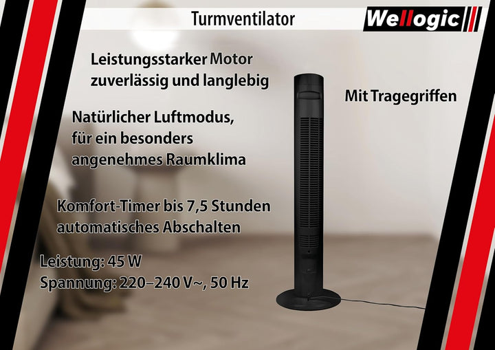 Turmventilator leise 91 cm Schwarz – Standventilator mit Fernbedienung, Timer 7,5h, 3 Geschwindigkei