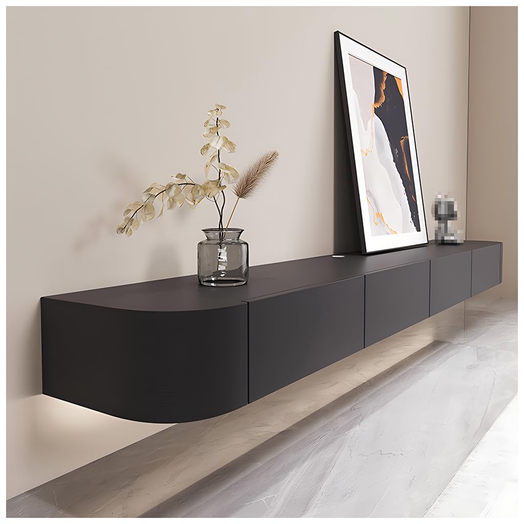280cm Schwebender TV-Ständer mit Schubladen und Tür, Wandbefestigte TV-Konsole, Massivholz-TV-Schran