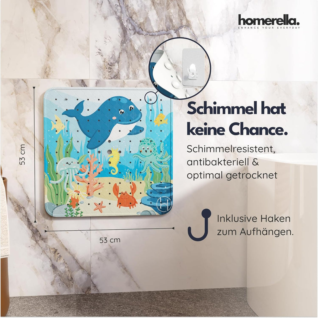 Homerella® Duschmatte rutschfest Kinder - 100% BPA frei Inkl. 2 Haken zum Aufhängen 53x53cm - Antiru