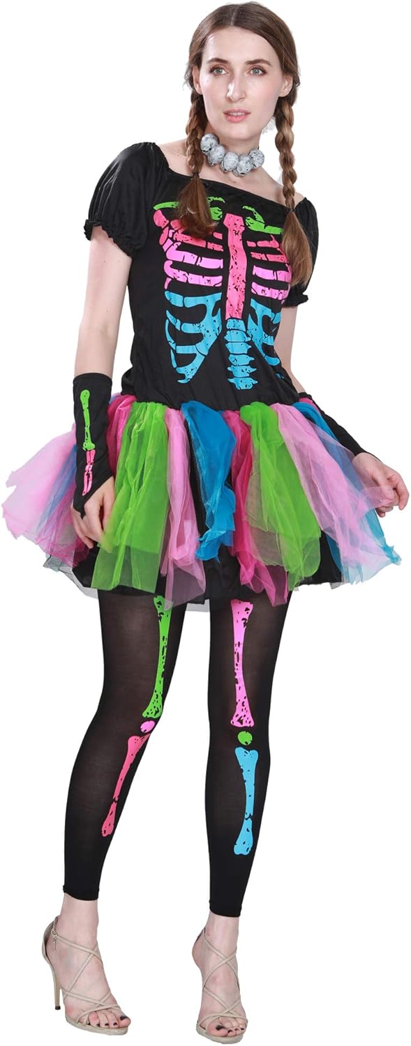 EraSpooky Neon Skelett Damen Halloween Regenbogen Kostüm Kleid Outfit, L