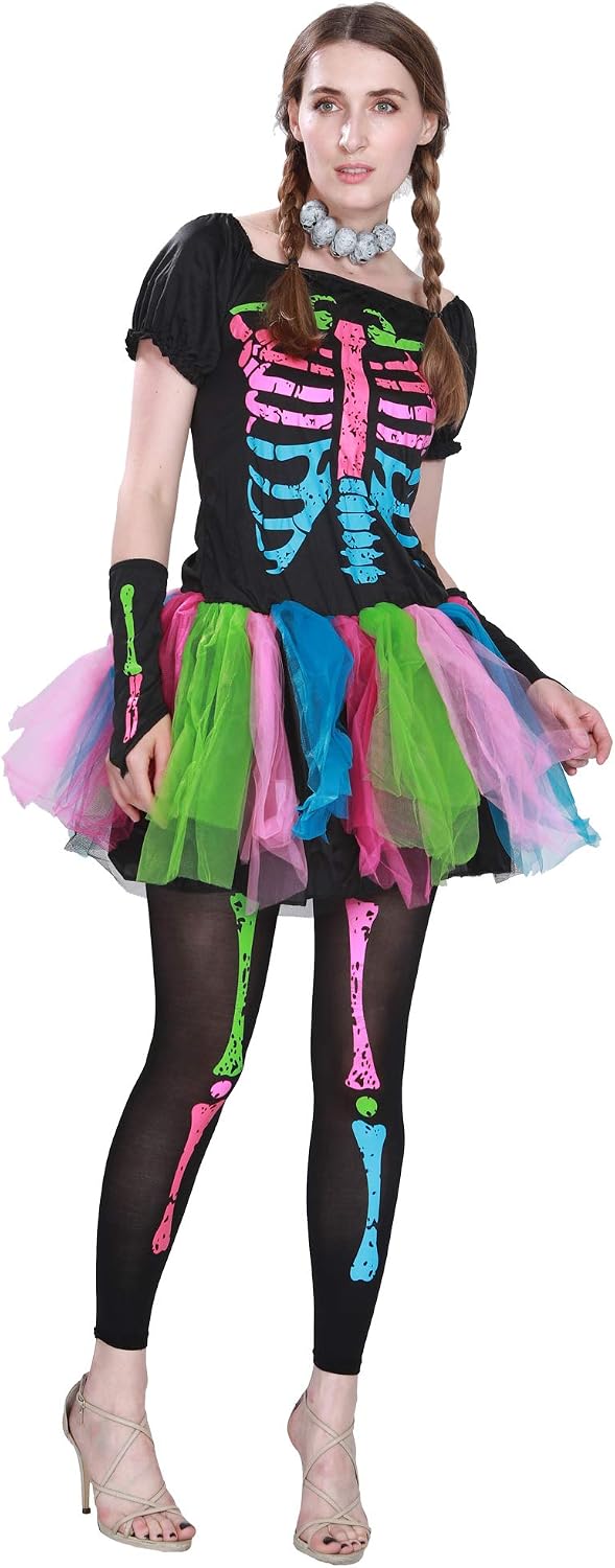 EraSpooky Neon Skelett Damen Halloween Regenbogen Kostüm Kleid Outfit, L