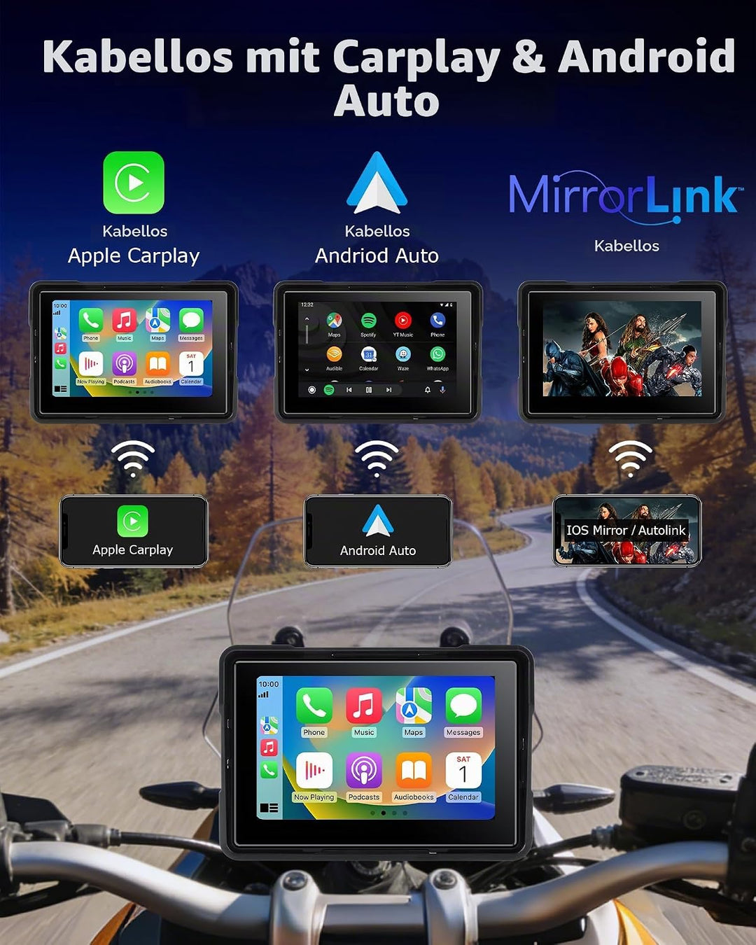 Jansite Motorrad Carplay Bildschirm Android Auto mit TPMS Reifendruckkontrollsystem, Motorrad Navi m