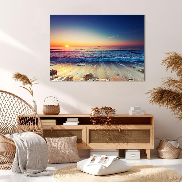 Bilder auf Leinwand 100x70cm Leinwandbild mit Rahmen Meer Strand Welle Gross Wanddeko Bild Schlafzim