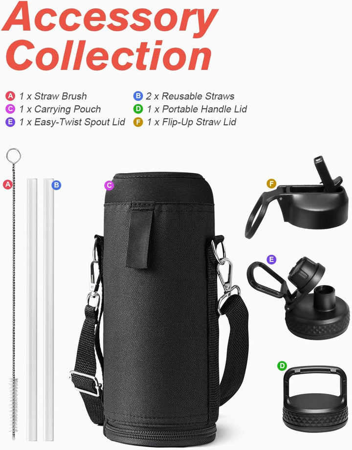 Coolflask 1180ml Isolierte Wasserflasche mit Strohhalm & 3 Deckeln, Metall-Wasserflasche für Sport o