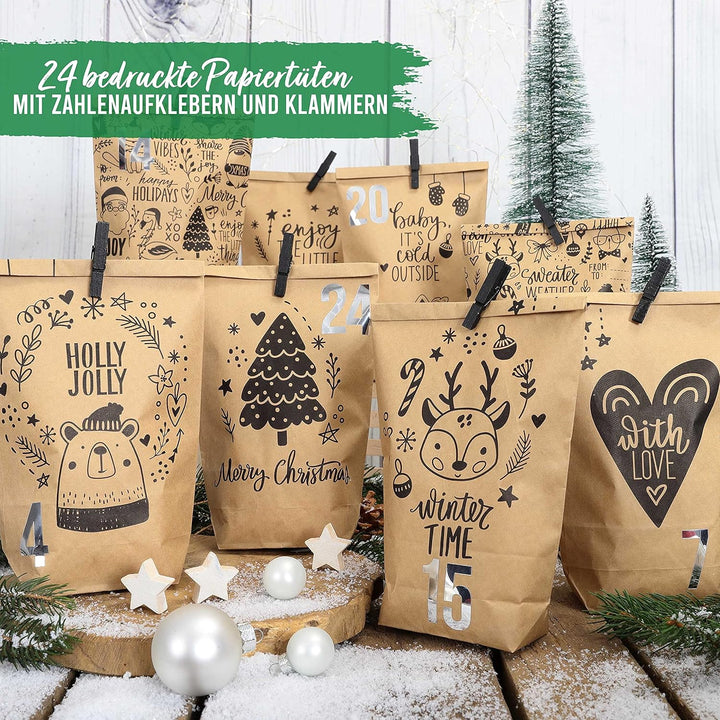 Papierdrachen Adventskalender 2025 zum Befüllen - 24 braune Geschenktüten mit Zahlenaufklebern - Kin