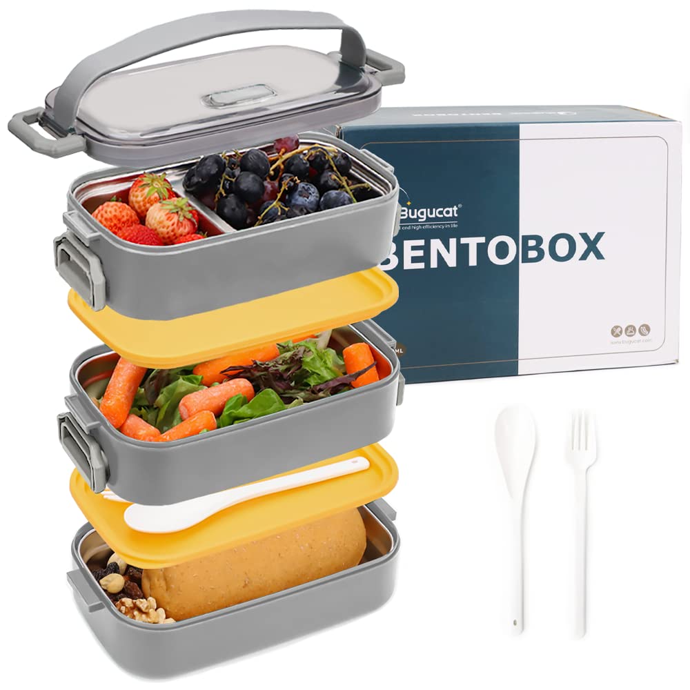 Bugucat Lunchbox Edelstahl 1700ML,Bento Box Brotdose Auslaufsicher Luftdichte Brotzeitbox mit Fächer