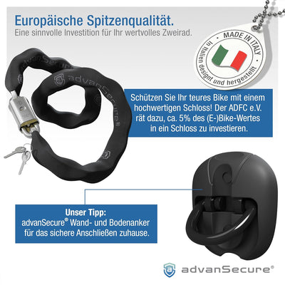 advanSecure® Hochsicherheits-Kettenschloss mit Satteltasche | optimal für Fahrrad und E-Bike | max.