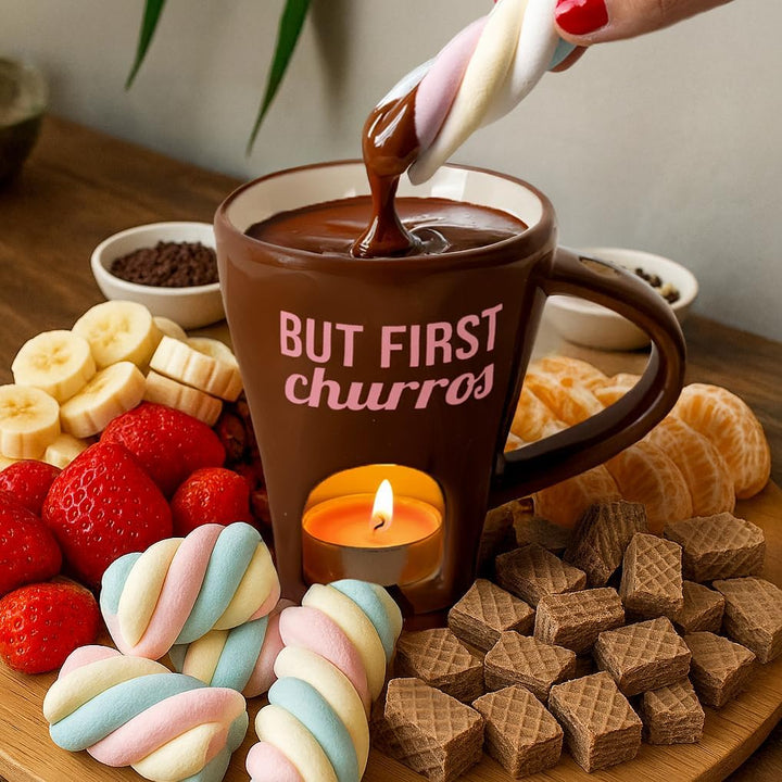 Fisura - Fondue Tasse für Schokolade und Käse, braune Keramiktasse 140 ml mit Gabel, originelle Gesc