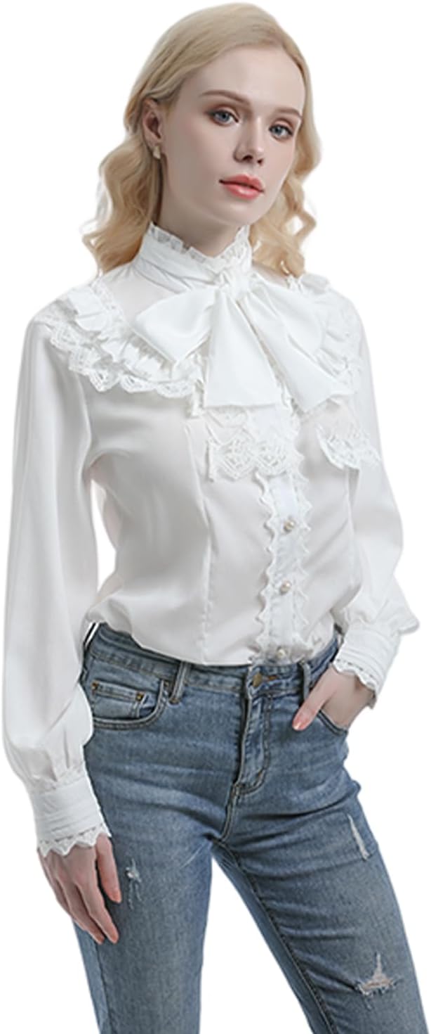 CR ROLECOS Viktorianische Bluse Damen Stehkragen Damen Mittelalter Rüschenbluse Vintage Bluse Weiss