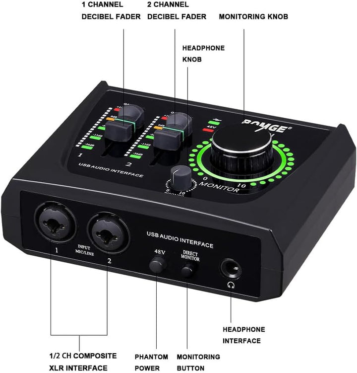 BOMGE Mini-2-Kanal-USB-Audio-Schnittstelle für Aufnahmen, Streaming und Podcasting, mit XLR/48 V Pha
