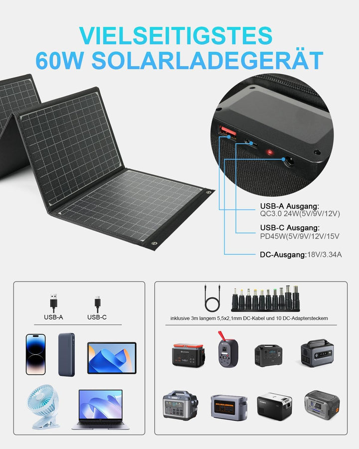 ELECAENTA 60W Faltbar Solar Ladegerät Tragbarer ETFE Monokristallinem Solarpanel USB-C PD45W USB QC3
