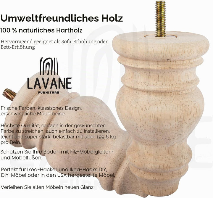 LA VANE 4 Stück Möbelfüsse aus Massivholz - 12cm Höhe, Unlackiert, Spindelform mit M8 Bolzen & Monta