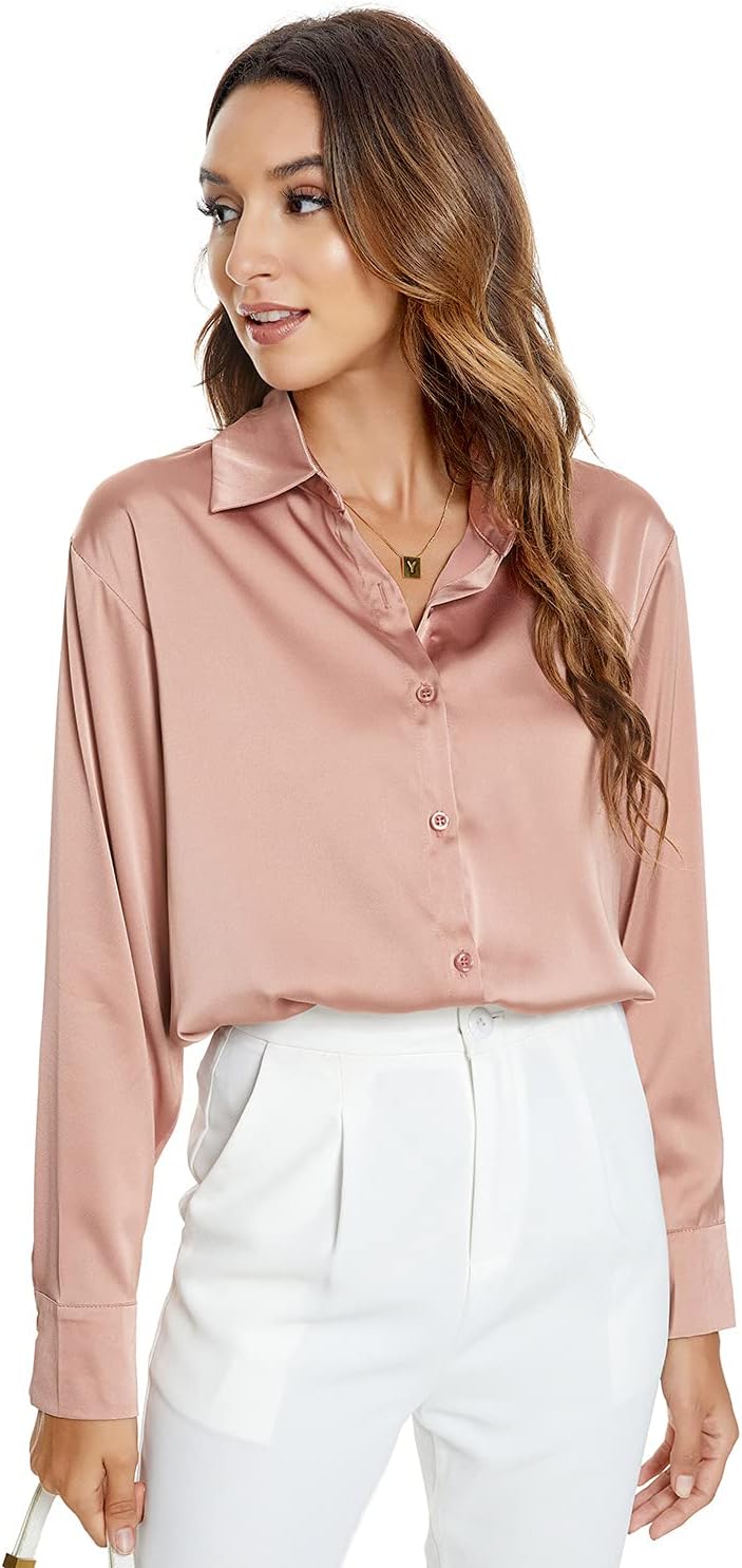 Atnlewhi Damen Bluse Langarm Knöpfen Satin Seide Hemden Basic Kent Kragen Arbeit Büro Formelle Casua