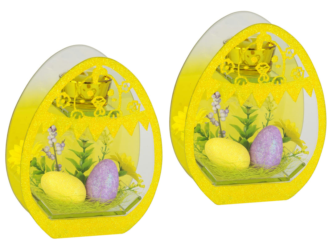 Dekorierter Teelichthalter mit Oster-Eier Kunstblumen Glaseinsatz Kerzenhalter Kerzenleuchter Teelic