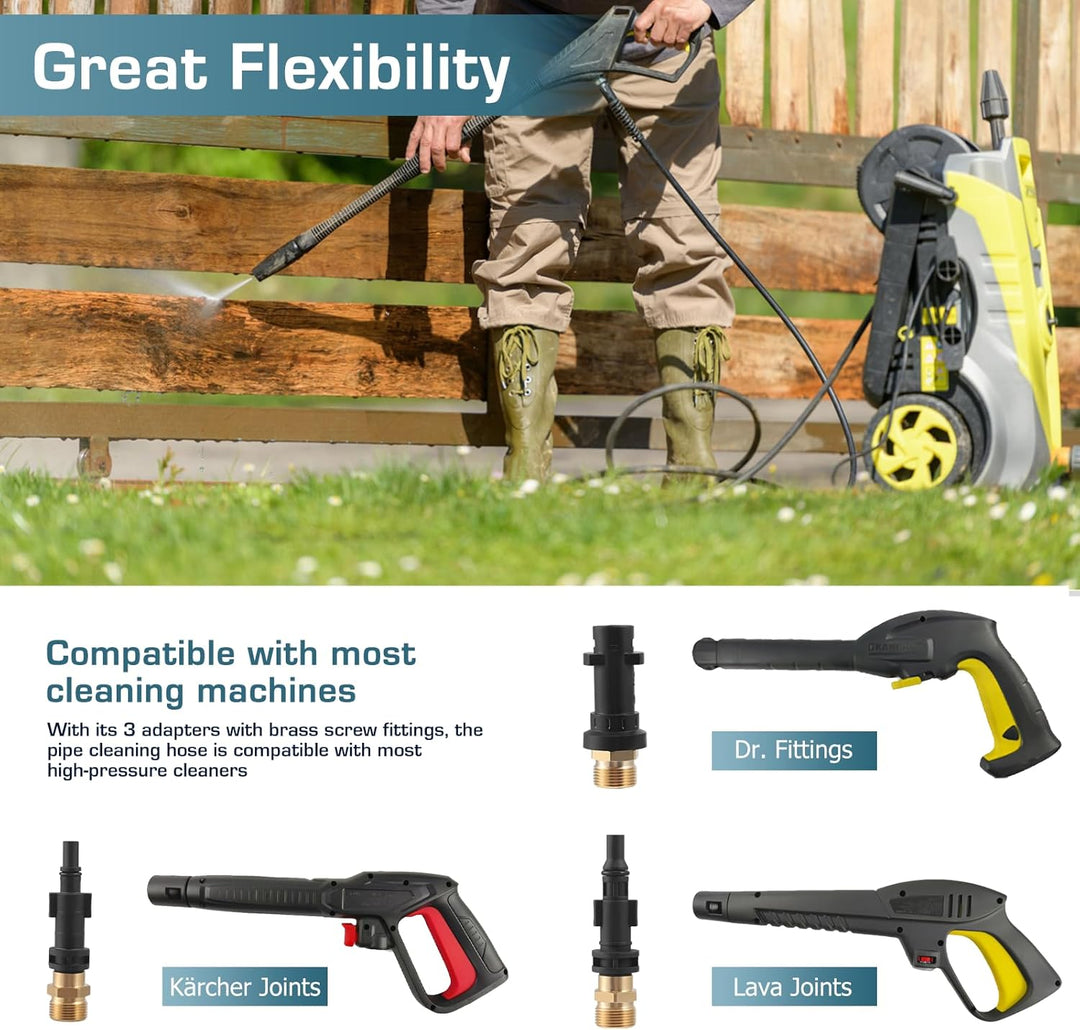 8m Rohrreinigungsschlauch Set,Druckluftschlauch mit 3 Adaptern,2 Düsen und Teflonband,5800PSI/400Bar