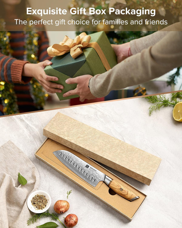 XINZUO Damaststahl 18.2cm Santokumesser, scharf Kochmesser 73 Schichten Damastpulverstahl profi Küch