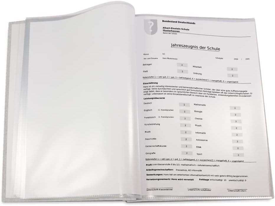 Zeugnismappe im grauen Einband in Leinenoptik mit hochwertigem Prägedruck in verschiedenen Farben –