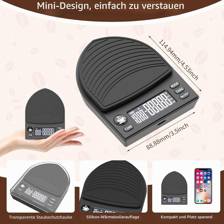 Mini-Kaffeewaage Mit Timerfunktion, 2 Kg WäGebereich / 0,1 G HochpräZision, Wiederaufladbar, Hochprä